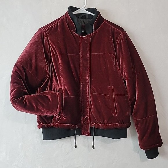 Rue 21 Burgundy Velvet Bomber Jacket Junior Size Small Winter Velor Coat - Picture 2 of 12